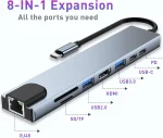 USB C HUB, 8 in 1 USB C Adapter with 4K HDMI 100W PD USB C Port USB 3.0 RJ45 Ethernet SDTF Card Reader