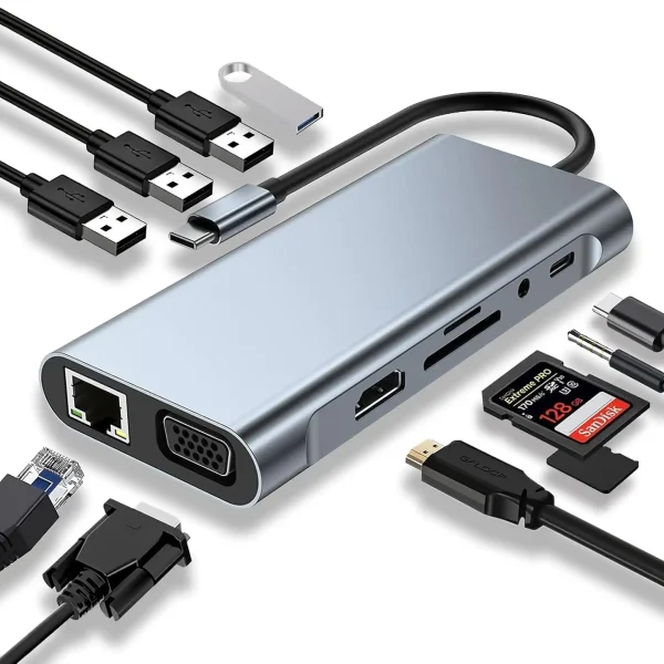 USB C HUB, USB C Adapter 11 in 1 Dongle with 4K HDMI VGA Type C PD USB3.0 RJ45 Ethernet SD/TF Card Reader 3.5mm AUX Docking Station