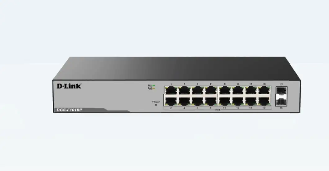 D-Link 16 Port Gigabit Unmanaged POE Switch with 2 SFP ports 250 watts DGS-F1016P D-Link 16 Port Gigabit Unmanaged POE Switch with 2 SFP ports 250 watts DGS-F1016P