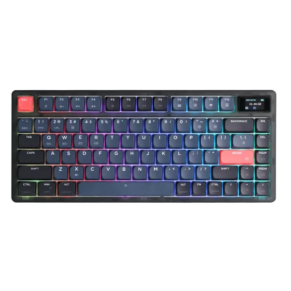 As Slim As Portable Ajazz AKC087 keyboard comes with low-profile switches that can be 20%-30% lower than regular ones, as a result, low-profile keyboards features more portable, faster trigger, and lighter keypress than regular mechanical keyboards. As a 75% keyboard, Ajazz AK832 Pro houses the necessary 81 keys with arrow keys, function keys and home clusters, as well as a LED screen that can display battery, date, connecting mode or custom photo uploaded by the Ajazz driver. Needless to say, it is suitable for both office and trip typing.Ajazz AK832 Pro Triple Modes: Type-C Wired, Bluetooth 5.1 & 2.4GHz Available The Ajazz AK832 supports connection via Bluetooth or 2.4GHz for wireless connectivity, or with the included Type-C USB cable. With Bluetooth 5.1, the keyboard responses faster and save more power than the former Bluetooth versions. The keyboard is also easily switched among the three modes for efficient multitasking and speedy performance. Included 2500mAh battery ensures a long and steady use, without worries of short out.Ajazz AK832 Pro Gasket-mounted & Fast Trigger with Outemu Low-profile Switch Shorter travel means faster trigger, so the Ajazz AK832 adopts low-profile Outemu red/brown/blue switches, of which total travel is 3.0 mm. With the gasket mount, the keyboard results in flexible typing feel, faster typing speeds and quicker actuation, especially for those who prefer a more responsive and snappy typing experience. Note: the keyboard is not hot-swappable.Ajazz AK832 Pro 1.6M RGB With 20 Light Effects & Large-capacity Battery Ajazz AK832 Pro comes in RGB backlights to increase more fun when using the keyboard. It has 20 light effects such as Rainbow, Ripple, Meteor Shower and snake. You may even design your own backlight colors as the keyboard has per-key RGB. With built-in 2500mAh battery, the keyboard can last up to 80 hours without backlights, and up to 110 hours with backlights and LED off under the wireless mode. As the keyboard features “charge upon plugging” and low-battery warning, it can be easily charged anytime, leaving you worry-free when travel with the keyboard.Ajazz AK832 Pro PBT Low-profile Keycaps & Compatible with Mac/Win The keycaps on this keyboard is made from PBT, a durable material that is resistant to yellowing and anti-slipping. The keycap surface is designed with concave curvature that fits fingertips, leaving an ergonomic typing experience. Moreover, the keyboard is compatible with OS on Windows/Mac. It surely meets the needs of each user to work efficiently or gaming/working status switching.
