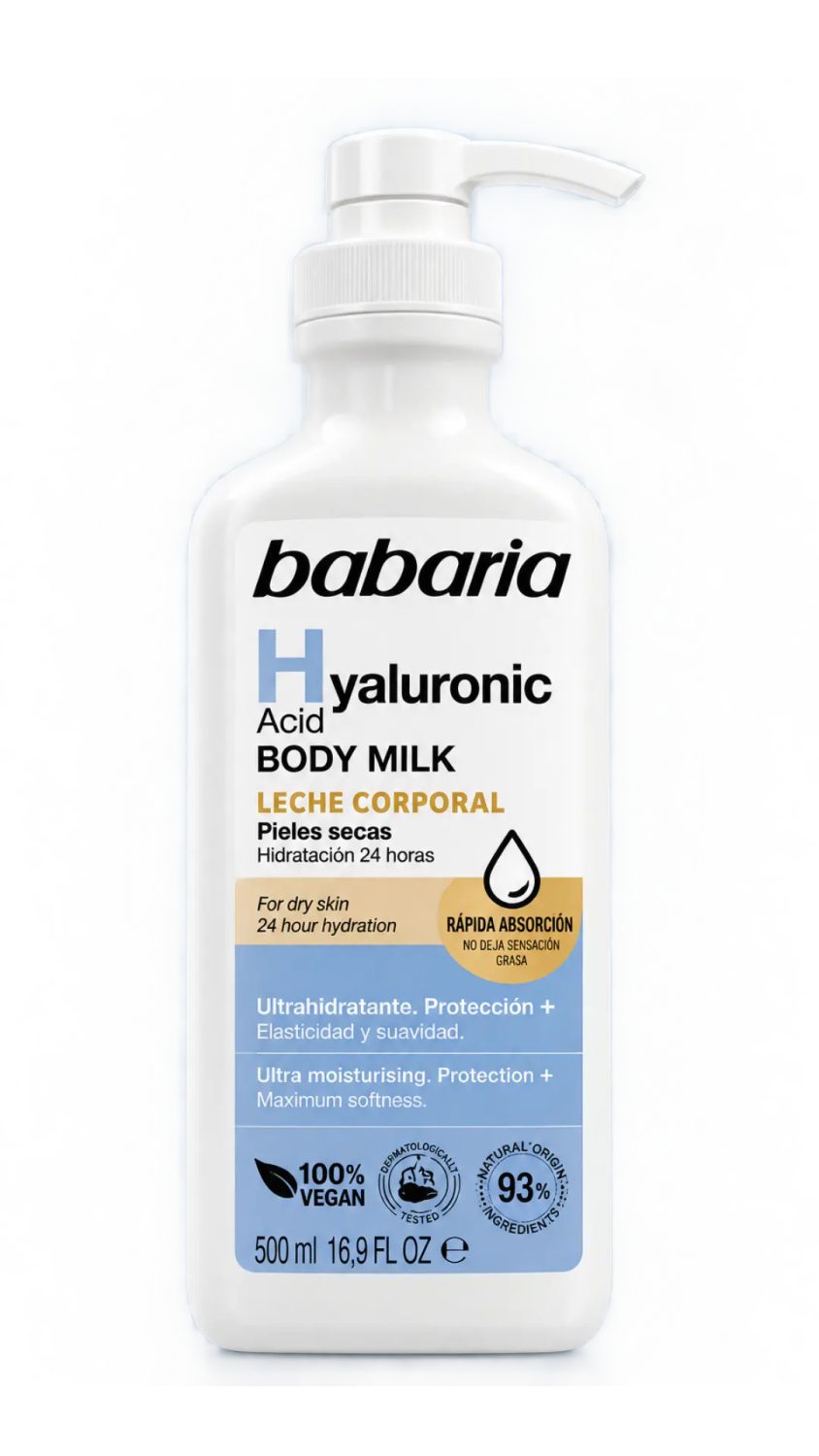 babaria-body-milk-hyaluronic-acid-500ml.jpg لوشن الجسم باباريا بحمض الهيالورونيك للبشرة الجافة 500 مل