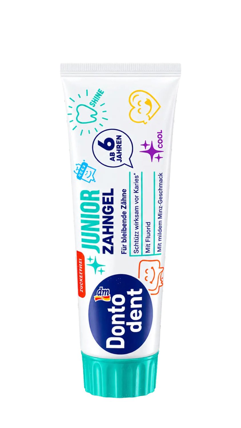dm-toothpaste-junior-zahngel-100ml.jpg معجون أسنان دونتودنت جونيور جل للأطفال من عمر 6 سنوات بنكهة النعناع الخفيف 100 مل