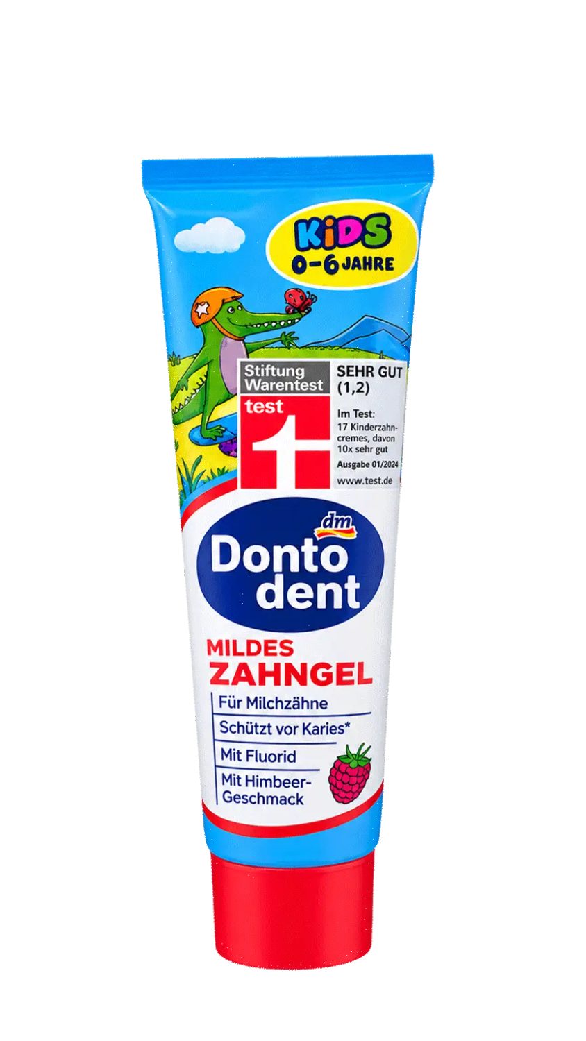 dm-toothpaste-kids-mildes-zahngel-100ml.jpg معجون أسنان للأطفال دونتودنت كيدز جل لطيف بالفلورايد بنكهة التوت 100 مل