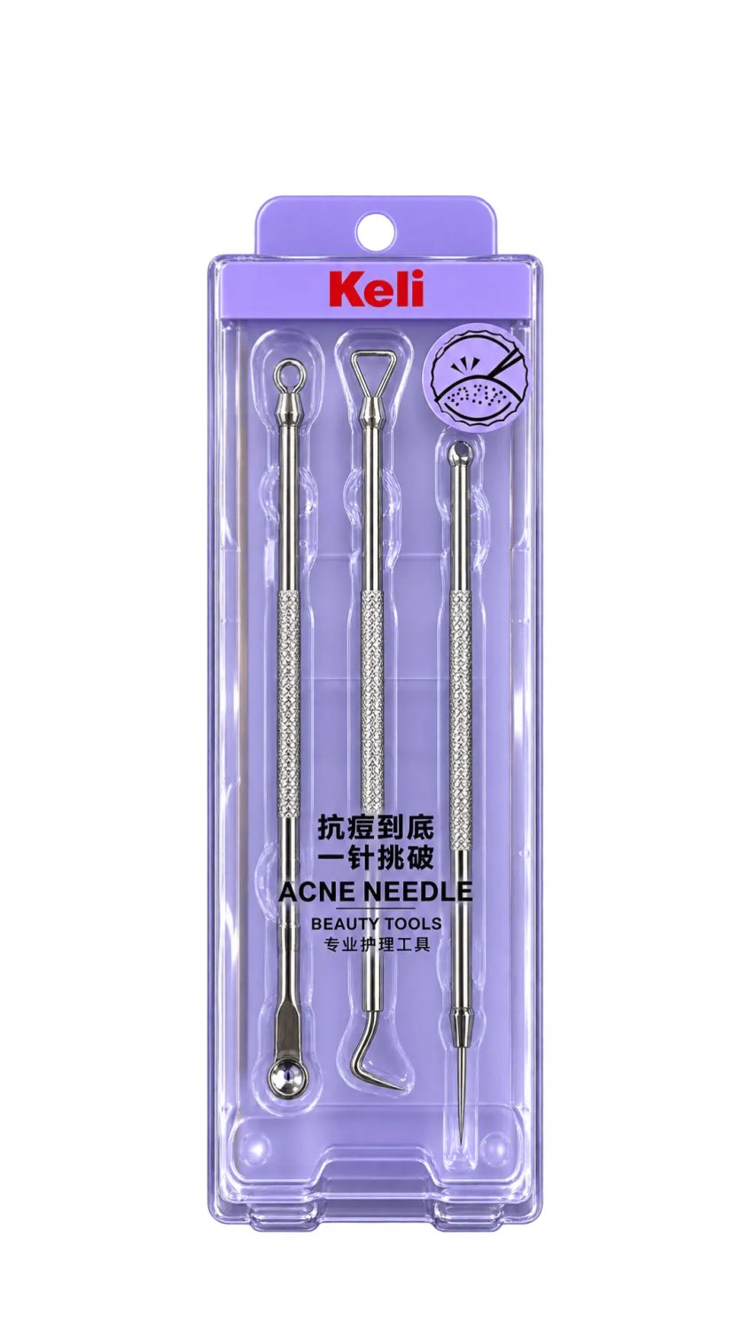keli-beauty-acne-needle-3pcs.jpg طقم أدوات إزالة الرؤوس السوداء كيلي من الستانلس ستيل 3 قطع